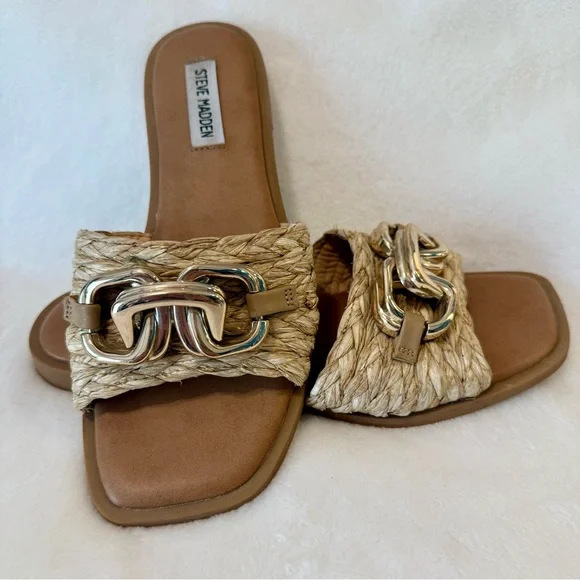 Steve Madden Gene Raffia Gold Chain Embellished Slide Sandals - Picture 2 of 7
